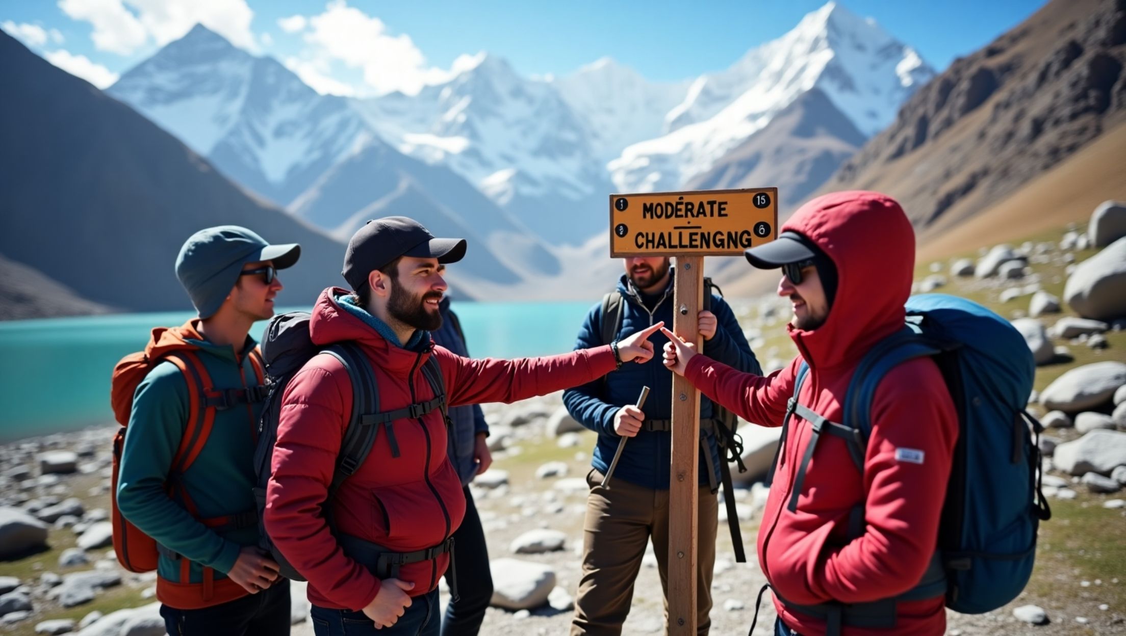 Hikers climbing steep rocky sections in the Gokyo Lake Trek, illustrating the trek’s moderate to challenging terrain